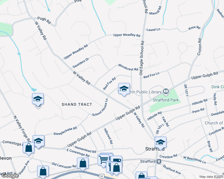 map of restaurants, bars, coffee shops, grocery stores, and more near 415 School Lane in Wayne