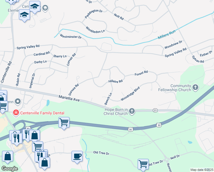 map of restaurants, bars, coffee shops, grocery stores, and more near 819 Hillaire Road in Lancaster