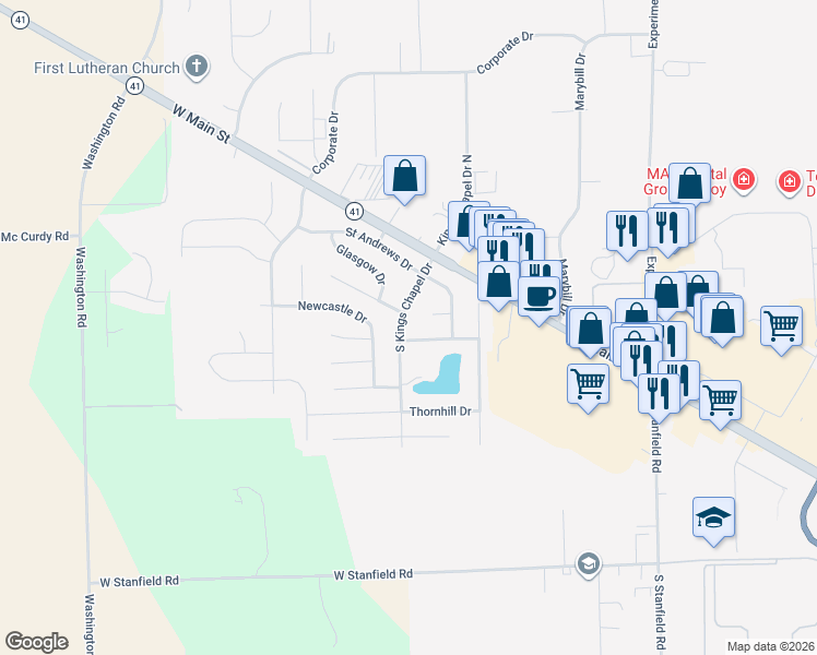 map of restaurants, bars, coffee shops, grocery stores, and more near 115 South Kings Chapel Drive in Troy