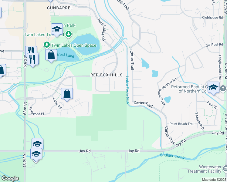 map of restaurants, bars, coffee shops, grocery stores, and more near 4542 Tally Ho Trail in Boulder