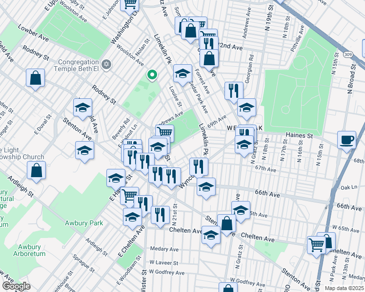 map of restaurants, bars, coffee shops, grocery stores, and more near 6849 Woolston Avenue in Philadelphia