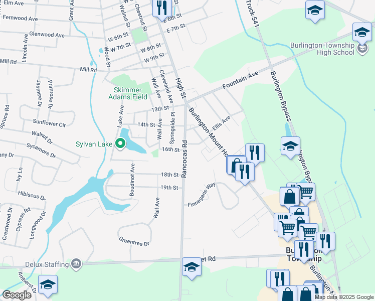 map of restaurants, bars, coffee shops, grocery stores, and more near 9 Dresser Avenue in Burlington