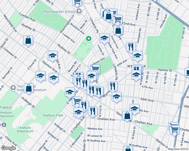 map of restaurants, bars, coffee shops, grocery stores, and more near 6917 Rodney Street in Philadelphia
