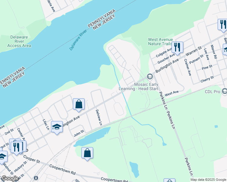 map of restaurants, bars, coffee shops, grocery stores, and more near 14 Trout Trail in Delanco