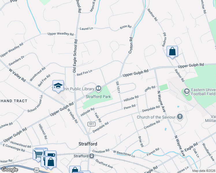 map of restaurants, bars, coffee shops, grocery stores, and more near 593 Upper Gulph Road in Strafford