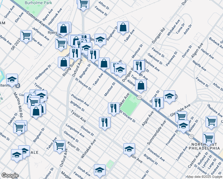 map of restaurants, bars, coffee shops, grocery stores, and more near 7237 Montour Street in Philadelphia