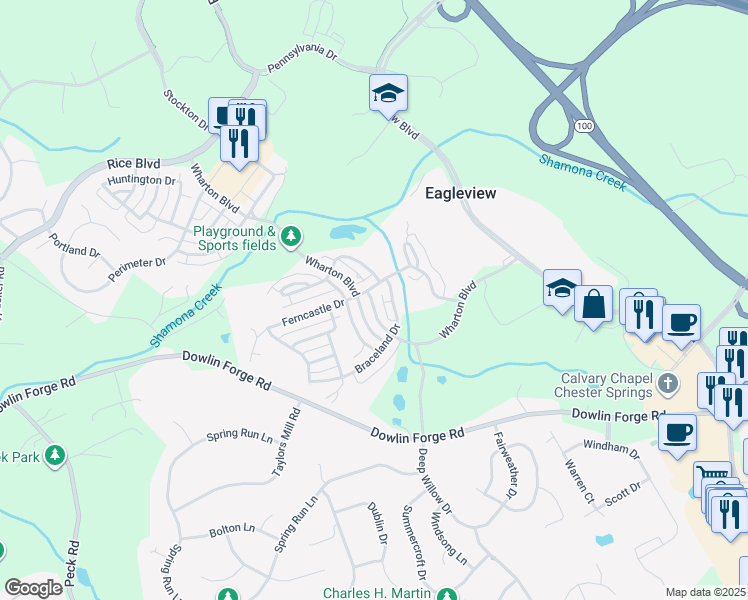 map of restaurants, bars, coffee shops, grocery stores, and more near 492 East Wharton Boulevard in Exton
