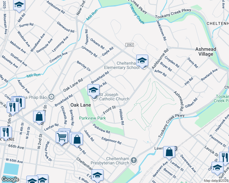 map of restaurants, bars, coffee shops, grocery stores, and more near 114 Andrea Rd in Cheltenham
