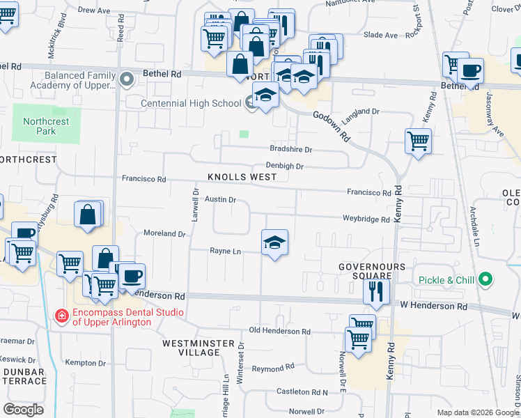 map of restaurants, bars, coffee shops, grocery stores, and more near 1480 Weybridge Road in Columbus