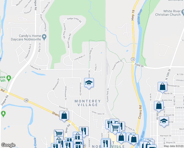 map of restaurants, bars, coffee shops, grocery stores, and more near 591 Holly Court South in Noblesville