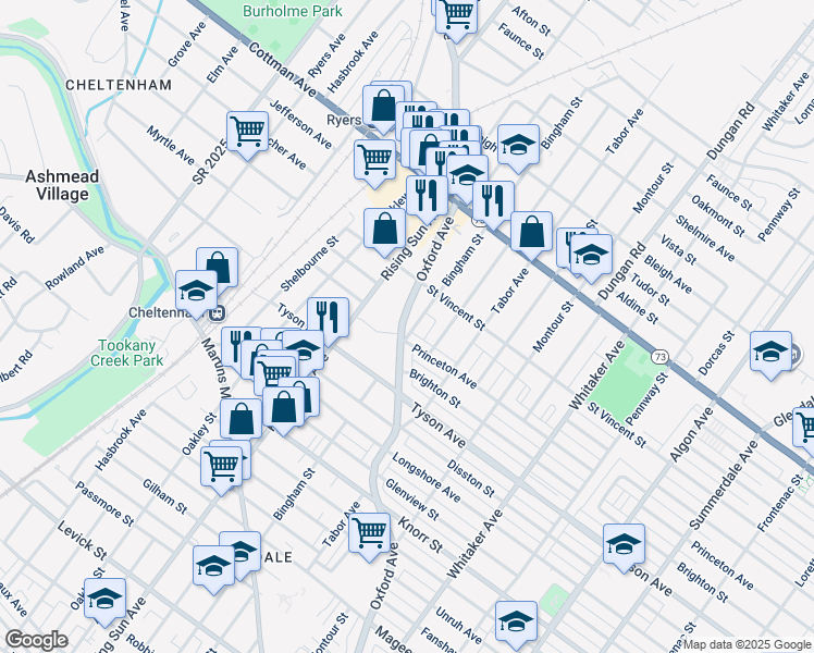 map of restaurants, bars, coffee shops, grocery stores, and more near 7103 Oxford Avenue in Philadelphia