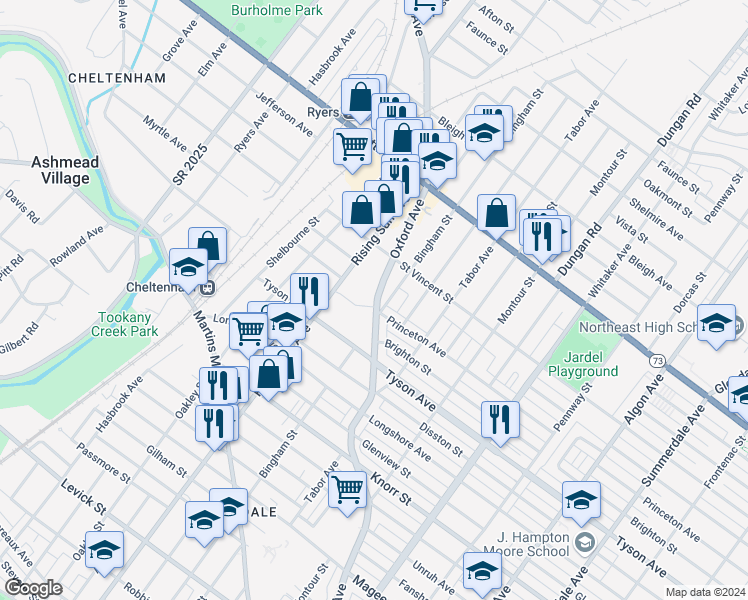 map of restaurants, bars, coffee shops, grocery stores, and more near 7103 Oxford Avenue in Philadelphia