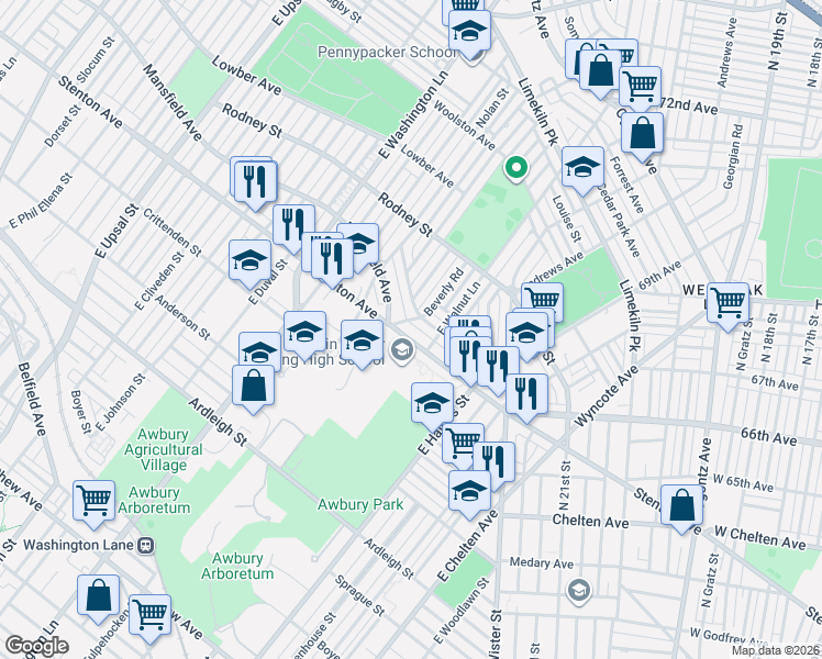 map of restaurants, bars, coffee shops, grocery stores, and more near 7203 Stenton Avenue in Philadelphia