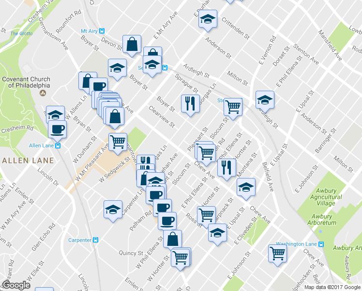 map of restaurants, bars, coffee shops, grocery stores, and more near 6824 Chew Avenue in Philadelphia