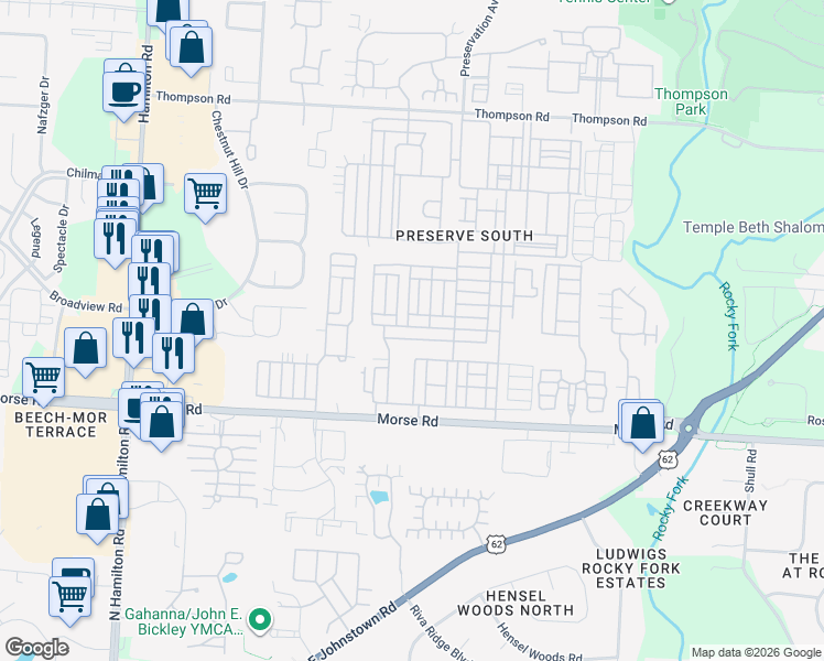 map of restaurants, bars, coffee shops, grocery stores, and more near 6189 Needletail Road in Columbus