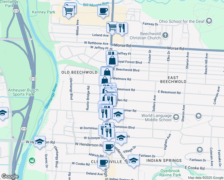 map of restaurants, bars, coffee shops, grocery stores, and more near 21 East Beaumont Road in Columbus