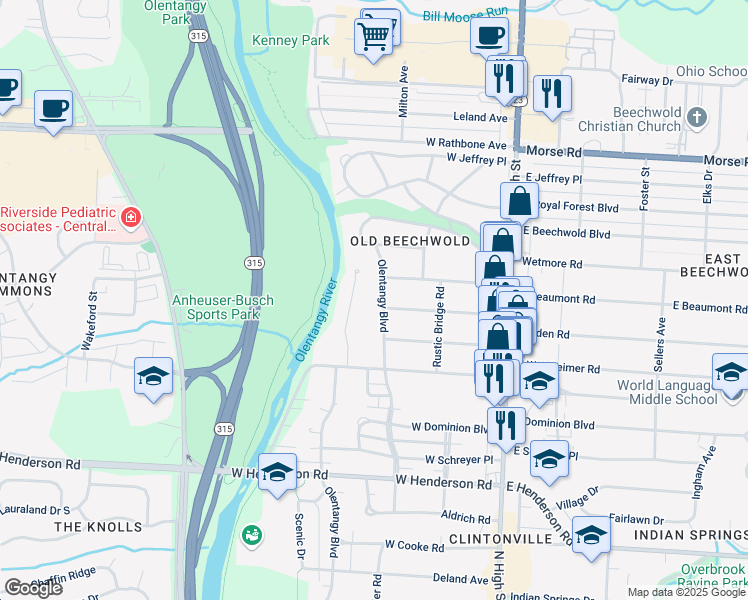 map of restaurants, bars, coffee shops, grocery stores, and more near 192 Nottingham Road in Columbus