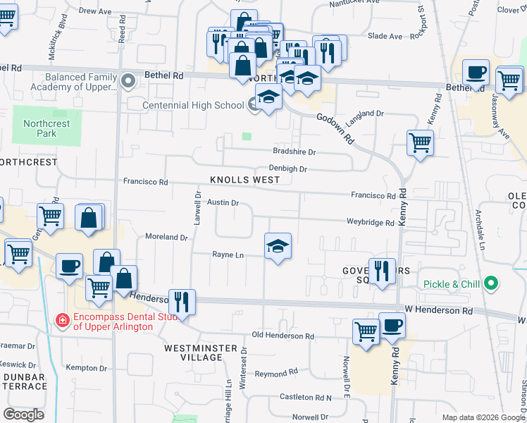 map of restaurants, bars, coffee shops, grocery stores, and more near 1480 Weybridge Road in Columbus