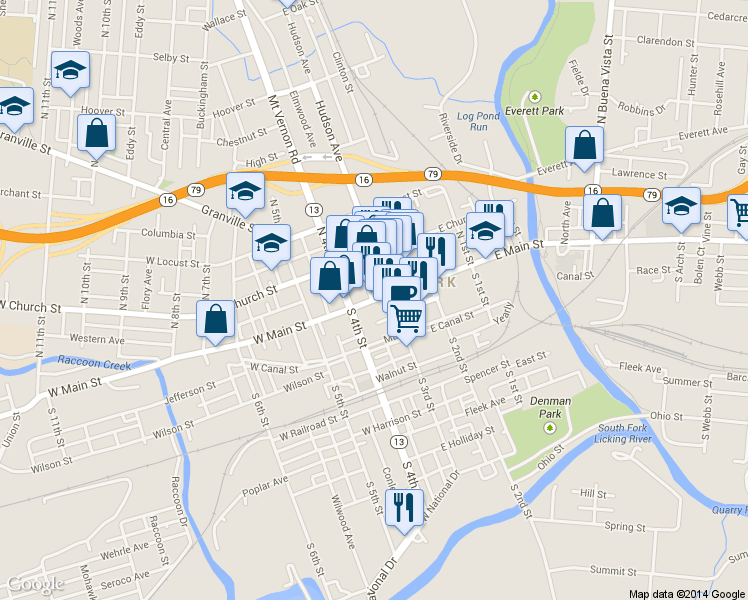 map of restaurants, bars, coffee shops, grocery stores, and more near 15 West Main Street in Newark