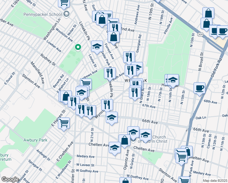 map of restaurants, bars, coffee shops, grocery stores, and more near 2018 68th Avenue in Philadelphia