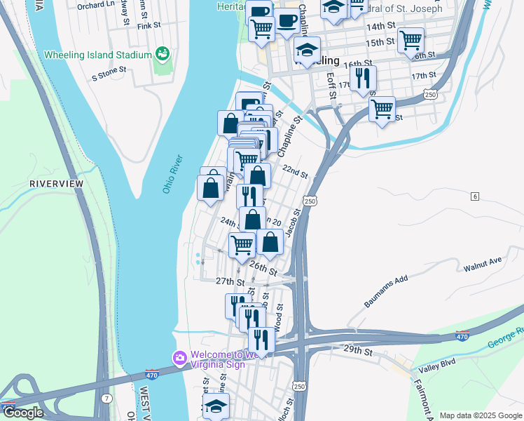map of restaurants, bars, coffee shops, grocery stores, and more near 2314 Chapline Street in Wheeling