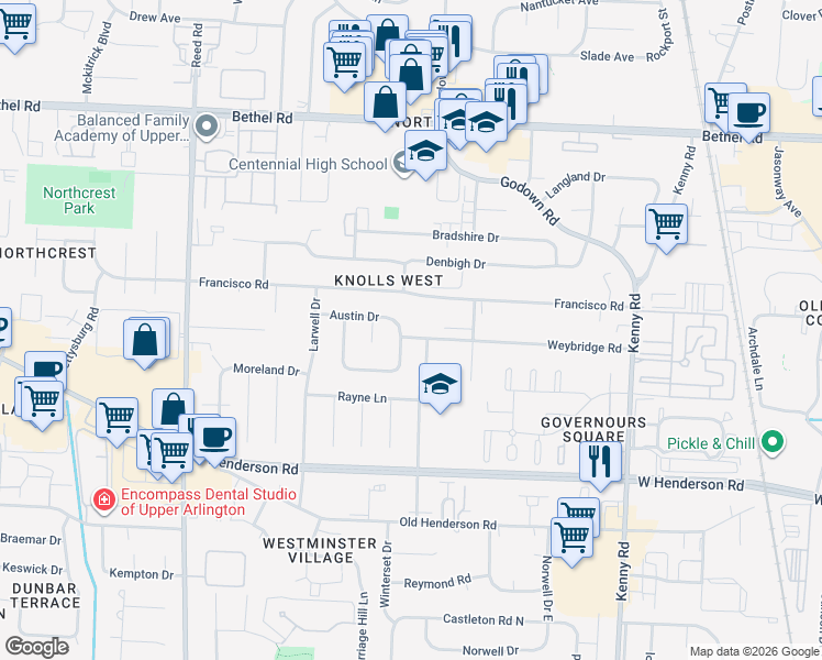 map of restaurants, bars, coffee shops, grocery stores, and more near 1480 Weybridge Road in Columbus