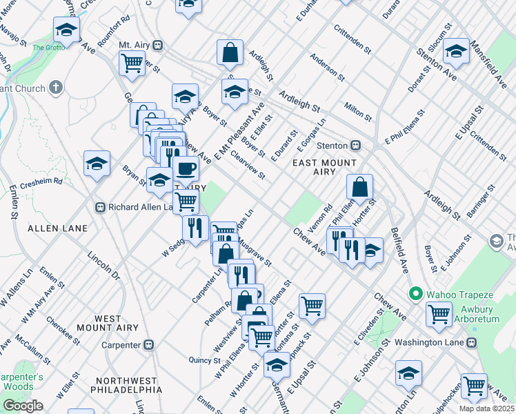 map of restaurants, bars, coffee shops, grocery stores, and more near 6834 Chew Avenue in Philadelphia