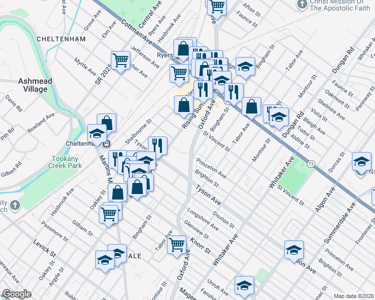 map of restaurants, bars, coffee shops, grocery stores, and more near 7100 Oxford Avenue in Philadelphia