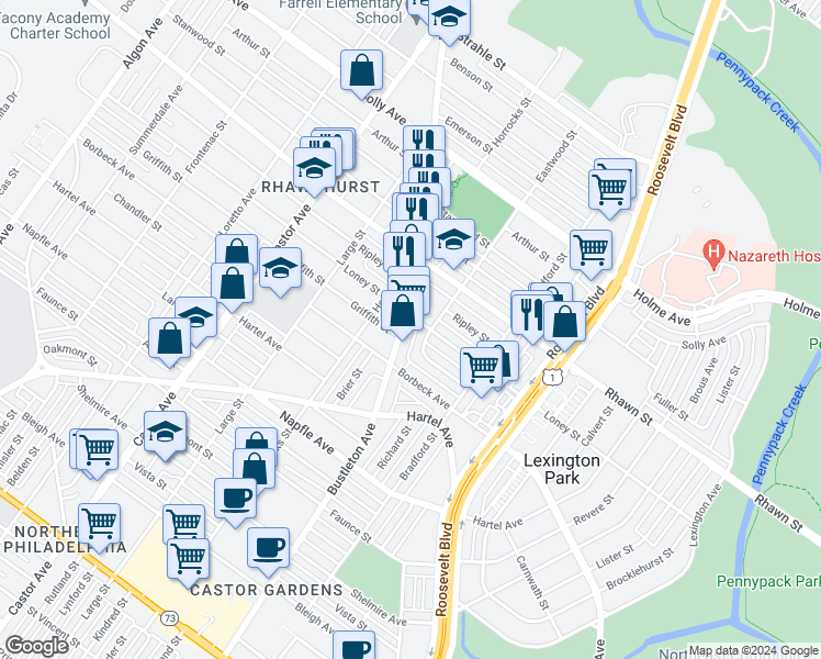 map of restaurants, bars, coffee shops, grocery stores, and more near 7927 Bustleton Avenue in Philadelphia