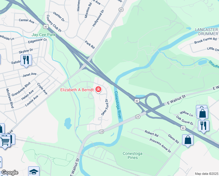 map of restaurants, bars, coffee shops, grocery stores, and more near 81 Deer Ford Drive in Lancaster