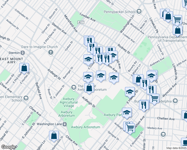 map of restaurants, bars, coffee shops, grocery stores, and more near 1237 Washington Lane in Philadelphia