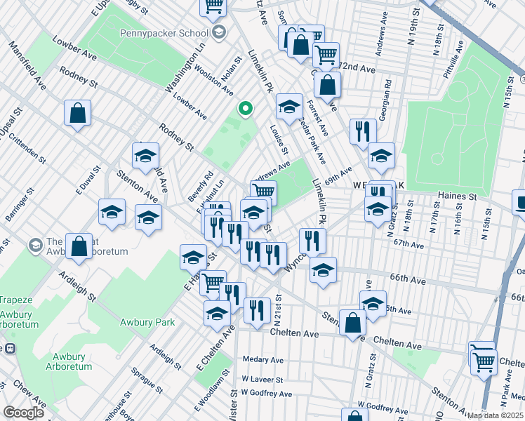 map of restaurants, bars, coffee shops, grocery stores, and more near 6917 Rodney Street in Philadelphia