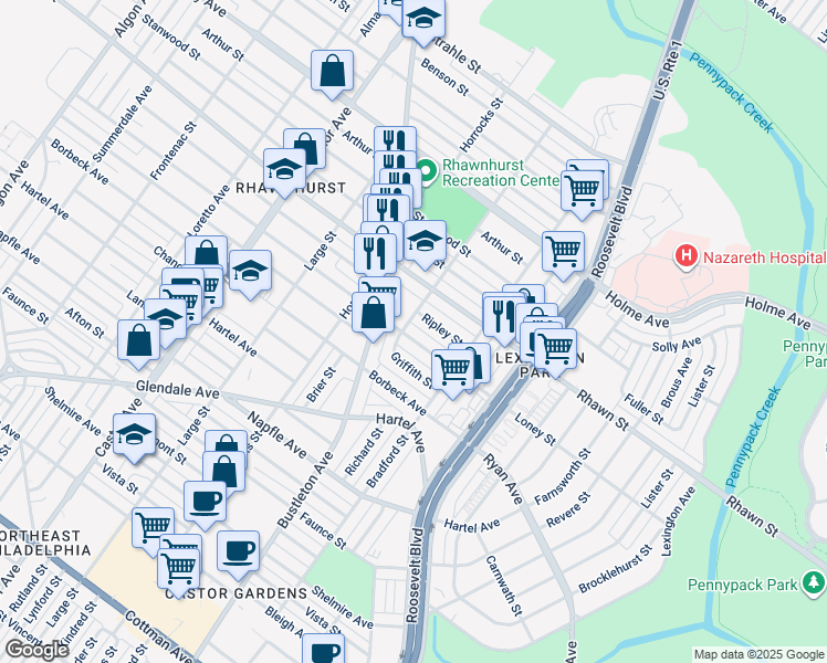map of restaurants, bars, coffee shops, grocery stores, and more near 2305 Loney Street in Philadelphia