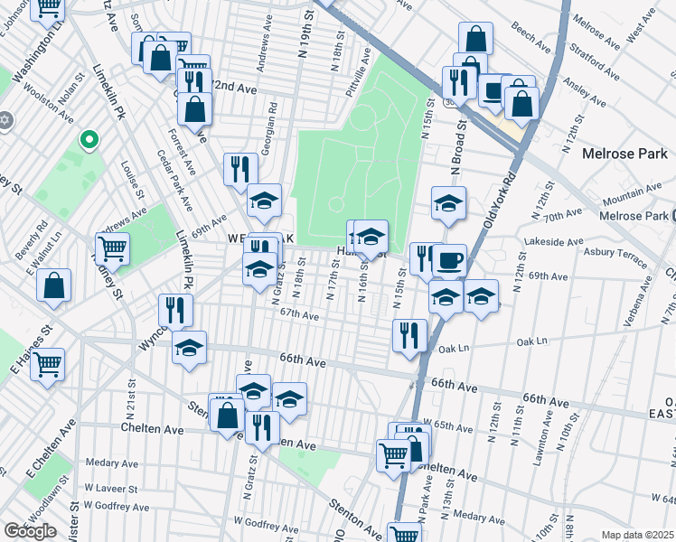map of restaurants, bars, coffee shops, grocery stores, and more near 1629 68th Avenue in Philadelphia