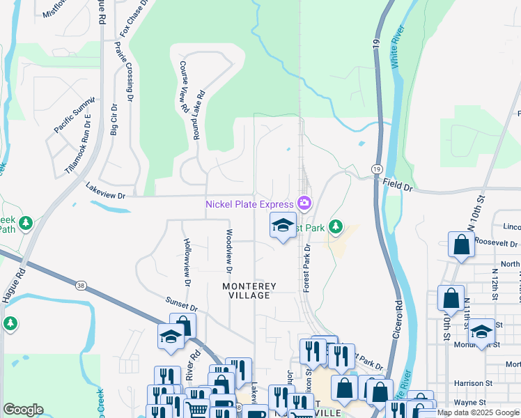 map of restaurants, bars, coffee shops, grocery stores, and more near 591 Holly Court in Noblesville