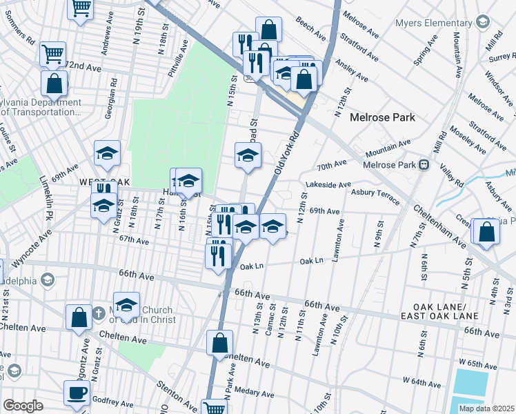 map of restaurants, bars, coffee shops, grocery stores, and more near 6828 Old York Road in Philadelphia