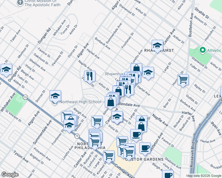 map of restaurants, bars, coffee shops, grocery stores, and more near 7638 Loretto Avenue in Philadelphia