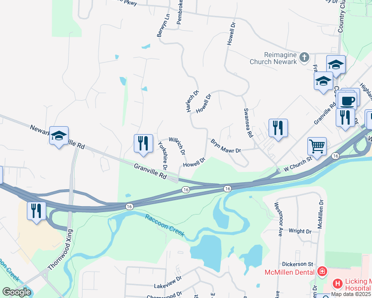 map of restaurants, bars, coffee shops, grocery stores, and more near 516 Willrich Drive in Newark