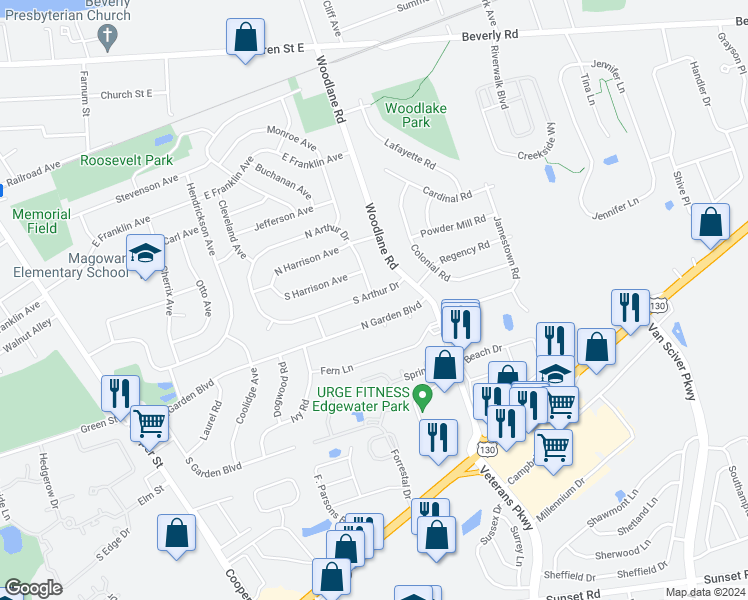 map of restaurants, bars, coffee shops, grocery stores, and more near 456 South Arthur Drive in Beverly