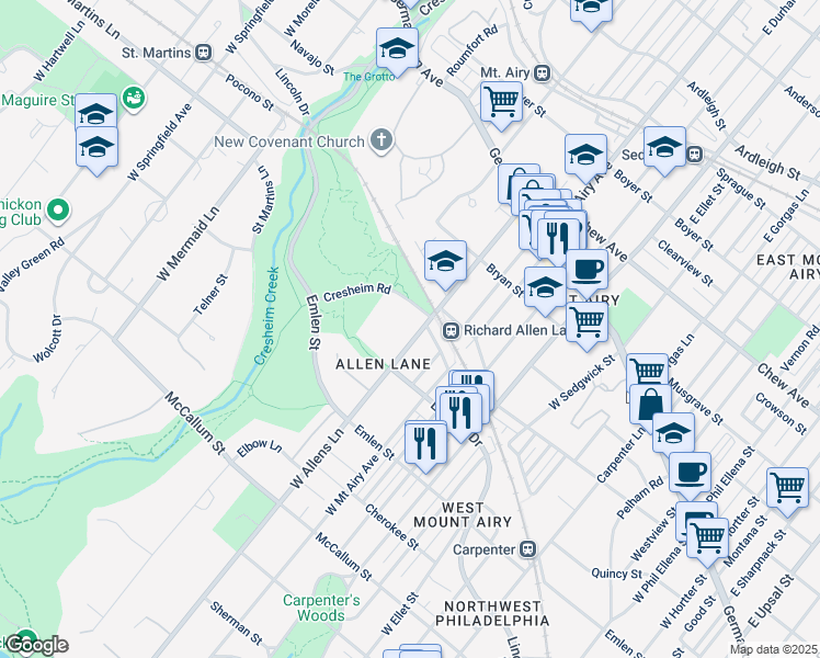 map of restaurants, bars, coffee shops, grocery stores, and more near 221 West Allens Lane in Philadelphia