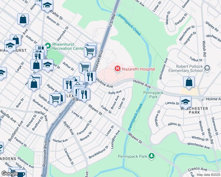 map of restaurants, bars, coffee shops, grocery stores, and more near 2724 Holme Avenue in Philadelphia
