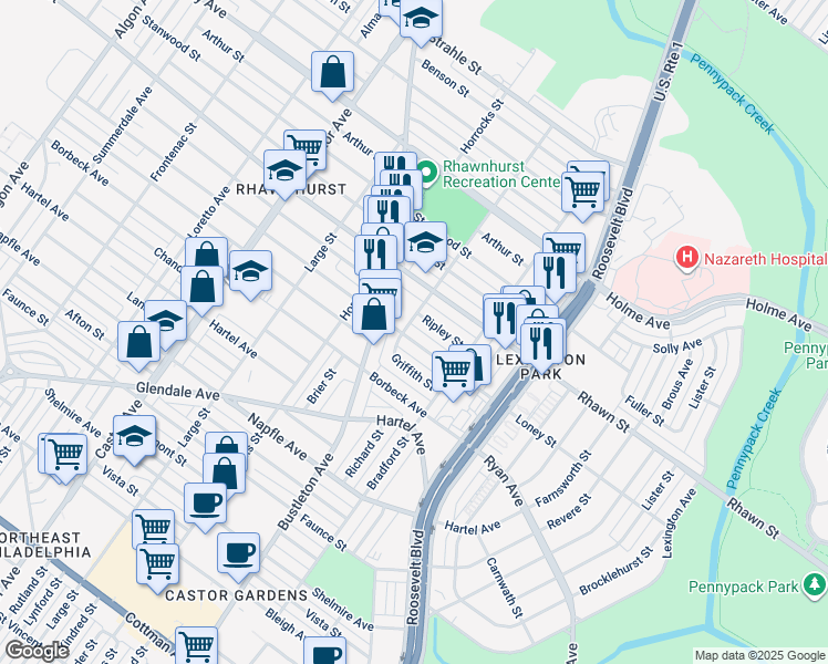 map of restaurants, bars, coffee shops, grocery stores, and more near 2305 Loney Street in Philadelphia