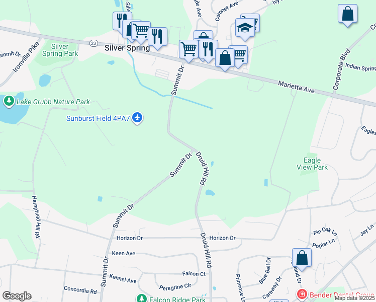 map of restaurants, bars, coffee shops, grocery stores, and more near 684 Summit Drive in Lancaster