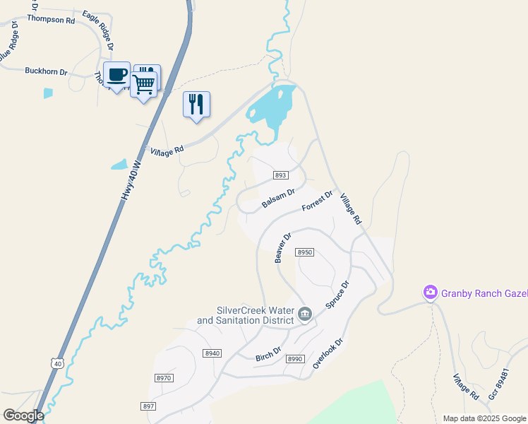 map of restaurants, bars, coffee shops, grocery stores, and more near 241 Gcr 8952 in Granby