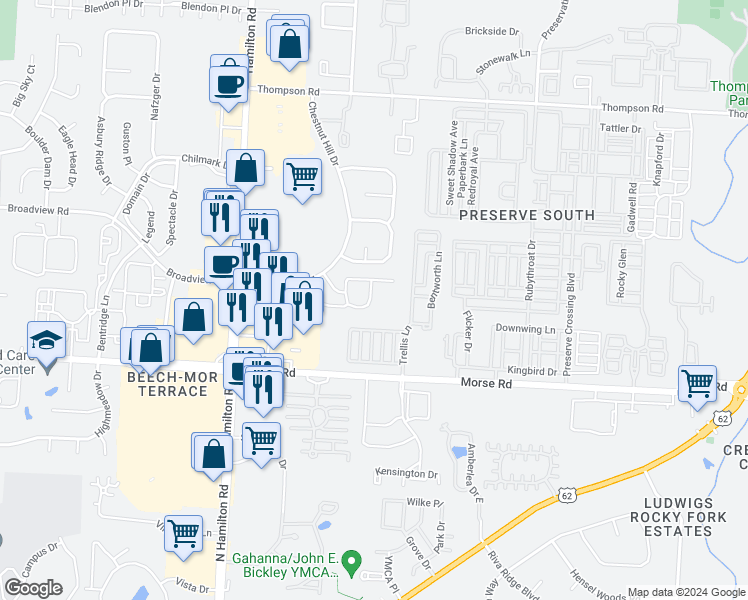 map of restaurants, bars, coffee shops, grocery stores, and more near 3940 Chestnut Ridge Loop in Columbus
