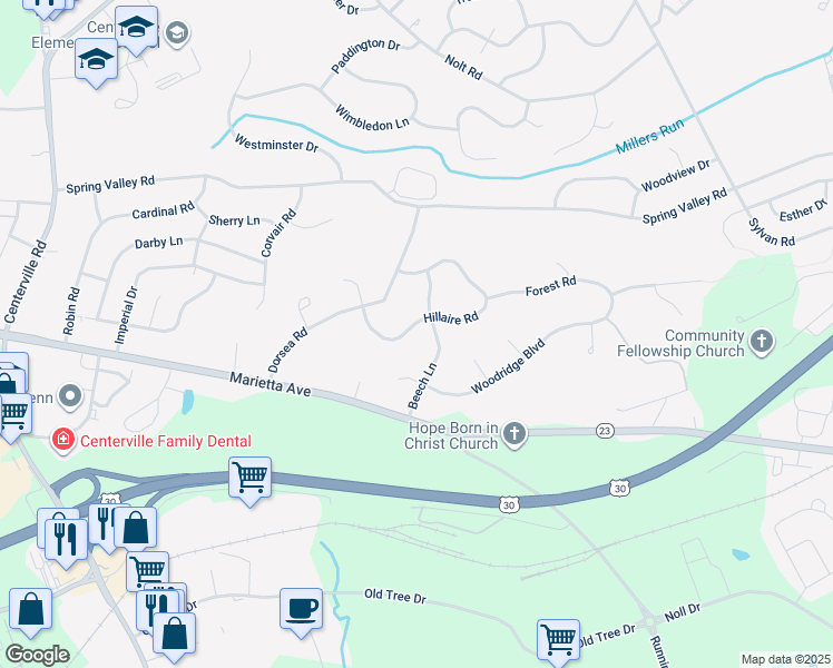 map of restaurants, bars, coffee shops, grocery stores, and more near 819 Hillaire Road in Lancaster