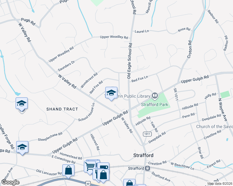 map of restaurants, bars, coffee shops, grocery stores, and more near 468 School Lane in Wayne