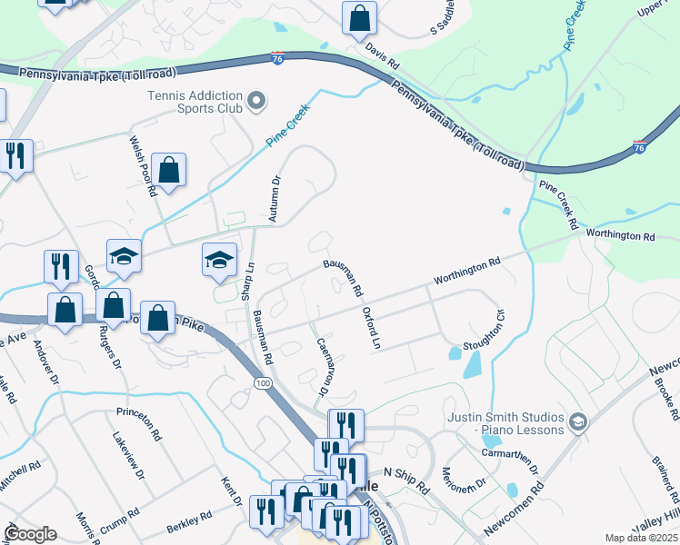 map of restaurants, bars, coffee shops, grocery stores, and more near 108 Pembroke Court in Exton