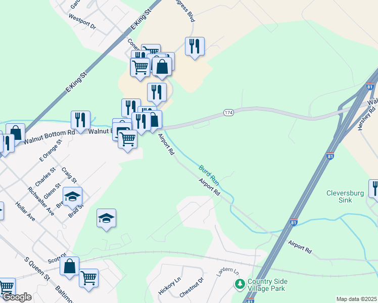 map of restaurants, bars, coffee shops, grocery stores, and more near 26 Airport Road in Shippensburg