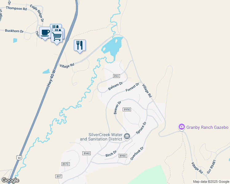 map of restaurants, bars, coffee shops, grocery stores, and more near 241 Gcr 8952 in Granby
